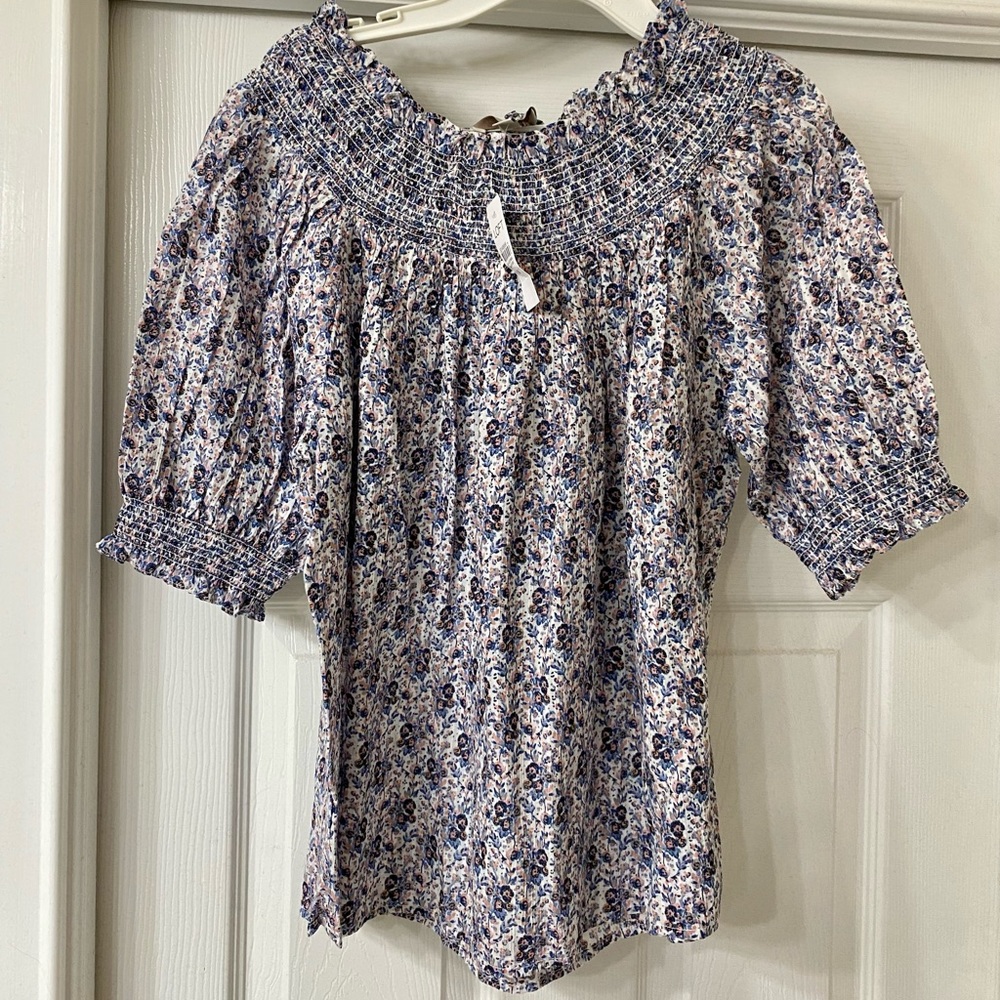 LOFT Ditsy Floral Smocked Neck Peasant Top Pink NWT